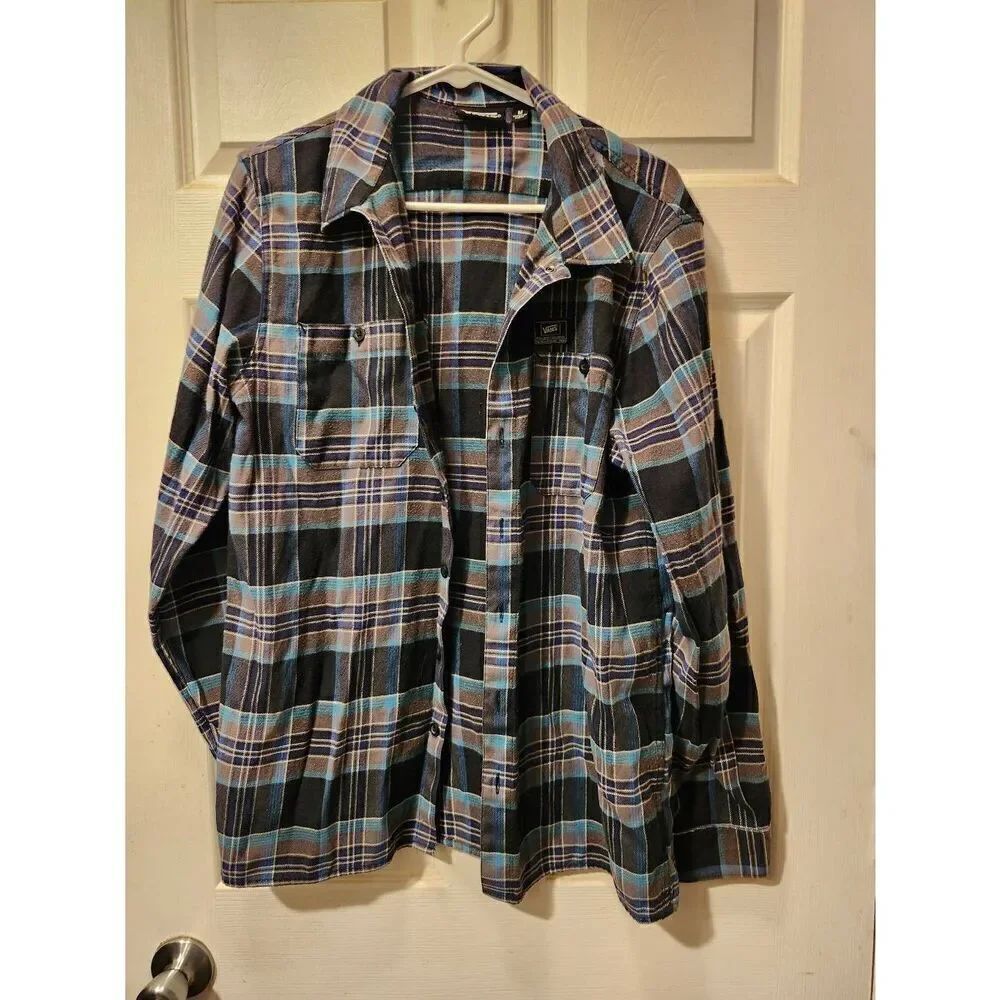 VANS Flannel Mens Blue & Black Plaid  Button Down Shirt Long Sleeve Medium